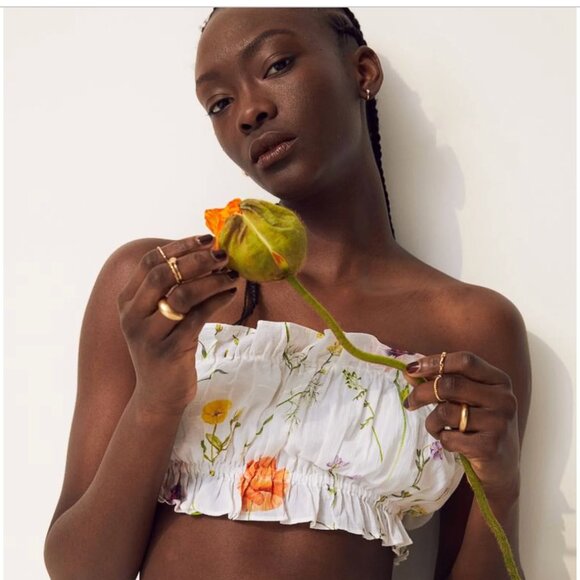 NWT H&M CONSCIOUS Draped Tube Floral Top WHITE  Meadow of Wildflower - Picture 1 of 5